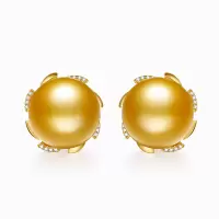 鑫万福 新品13-15mm浓金南洋金珍珠耳钉/18K金钻石耳钉
