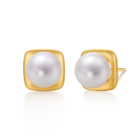 鑫万福 个性公主方块18K金7-8mm日本Akoya海水珍珠耳钉/耳环