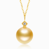 鑫万福 18K金正圆强光9-10mm丝绸金南洋金珍珠/海水珍珠吊坠/钻石吊坠