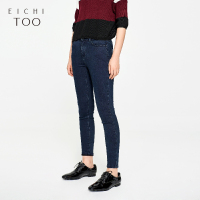 爱居兔冬季女装蓝色中腰弹力型牛仔裤