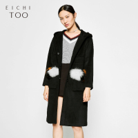 爱居兔冬装女装拼接毛条装饰中长大衣