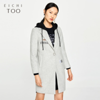 爱居兔冬装女装浅灰镶拼中长大衣