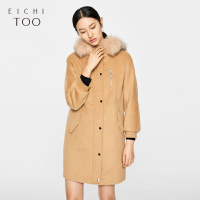 爱居兔冬装女装派克式卡其色连帽毛呢大衣