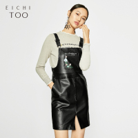 爱居兔冬季女装黑色简约PU复古背带裙