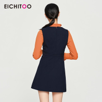 爱居兔女装藏青V领无袖连衣裙