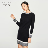 爱居兔冬季修身简约长款撞色连衣裙