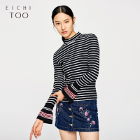 爱居兔冬季女装条纹喇叭袖简约毛衣针织衫