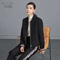 EICHITOO爱居兔冬季女撞色短款拉链皮质毛呢茄克