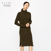 爱居兔冬装简约纯色高领中长款毛衣裙