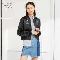 爱居兔2019春季女装藏青绣花短款茄克外套