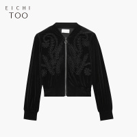 2019爱居兔春季女装简约黑色绣花丝绒棒球服茄克