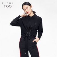 2019爱居兔春装女装时尚黑色绑带设计长袖针织衫