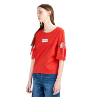 爱居兔夏装2019女装气质大红字母印花镂空袖直筒短袖T恤