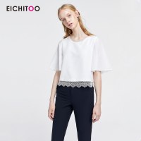 爱居兔2019夏季女装简约蕾丝拼接短款时尚梭织上衣