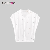 爱居兔2019夏季女装时尚简约不规则印花无袖梭织上衣