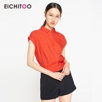 爱居兔2019夏季女装橙色翻领短袖休闲衬衫