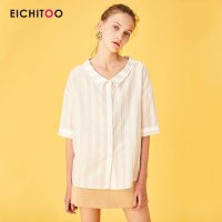 爱居兔夏装2019女装简约条纹轻薄透气中袖休闲衬衫