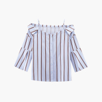 爱居兔2019夏季女装浅绿条纹荷叶边袖口中袖梭织短款上衣