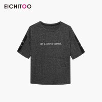 爱居兔2019夏季女装时尚黑色字母图案针织银丝短袖T恤