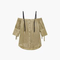 爱居兔夏装2019女装时尚土吊带一字肩设计短袖休闲衬衫