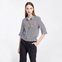 爱居兔2019夏季女装撞色格纹收腰女中袖休闲衬衫短款上衣