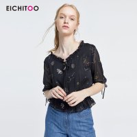 爱居兔2019夏季女装时尚印花收腰轻薄中袖梭织上衣