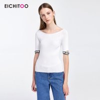 爱居兔2019夏季女装白色修身微弹挖剪字母袖短袖针织衫