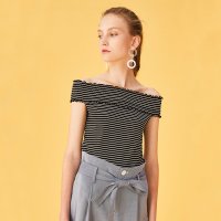 爱居兔2019夏季女装黑色条纹修身微弹一字肩女无袖短款T恤