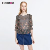 爱居兔2019夏季女装时尚土花纹长袖梭织上衣