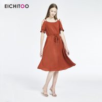 爱居兔2019夏季女装时尚气质修身红棕露肩吊带设计短袖连衣裙
