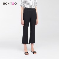 爱居兔2019夏季女装裤子时尚黑色不对称脚口休闲喇叭裤