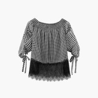 爱居兔2019夏季女装撞色格纹蕾丝拼接系带袖口中袖梭织短款上衣