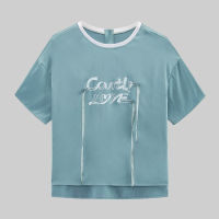 爱居兔2019夏季女装宽松版型字母加飘带设计女短袖梭织短款上衣