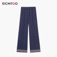 爱居兔2019夏季女装裤子藏青花纹脚口撞色印花梭织套装阔腿裤