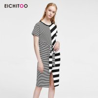爱居兔2019夏季女装时尚对称条纹镶拼收腰修身针织连衣裙