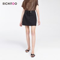 爱居兔2019夏季女装经典黑色A字收腰绑带半身裙