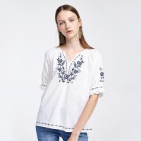 爱居兔2019夏季女装时尚气质民族风刺绣设计短袖梭织短款上衣