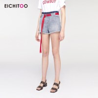 爱居兔2019夏季女装时尚可脱卸腰带脚口磨边牛仔短裤