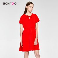 爱居兔2019夏季女装气质大红收腰短袖连衣裙