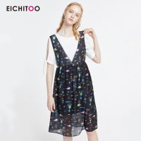 爱居兔2019夏季女装时尚花纹两件式背心连衣裙