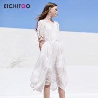 爱居兔2019夏季女装时尚白色不规则裙摆轻薄短袖连衣裙