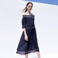 爱居兔2019夏季女装时尚藏青两穿领口收腰中长款中袖连衣裙