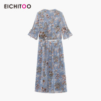 爱居兔2019夏季女装浅蓝花纹日式绑带假两件连衣裙