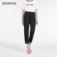 爱居兔2019夏季女装裤子经典黑色宽松直筒蕾丝花边脚口休闲裤