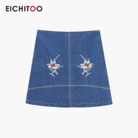 爱居兔2019夏季女装A字绣花短款牛仔半身裙