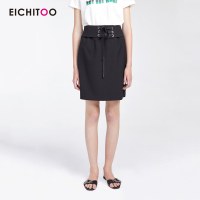 爱居兔2019夏季女装经典黑色收腰绑带宽松直筒短款半身裙