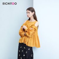 爱居兔2019夏季女装时尚中露肩小衫优雅气质中袖梭织短款上衣