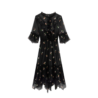 爱居兔2019夏季女装时尚黑色花纹收腰版型中袖连衣裙