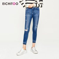2019爱居兔春秋女装 磨破工艺修身牛仔裤