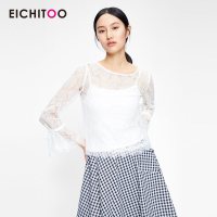 爱居兔春装2019女装两件式蕾丝花纹长袖针织上衣